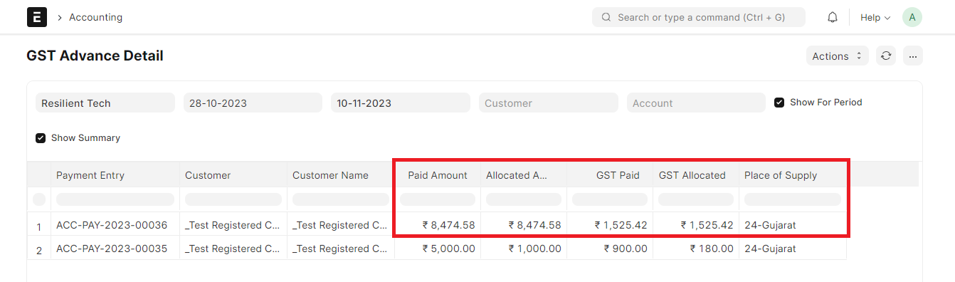 GST Advance Detail Report